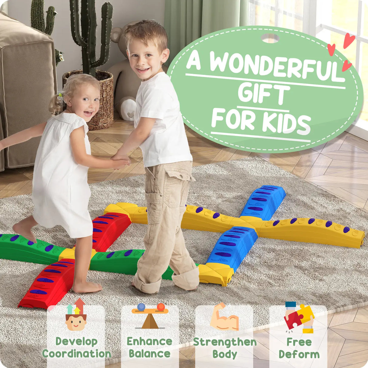 AIYAPLAY 12-Piece Kids Balance Beam Stepping Stones, with Non-Slip Foot Pads, Multicoloured