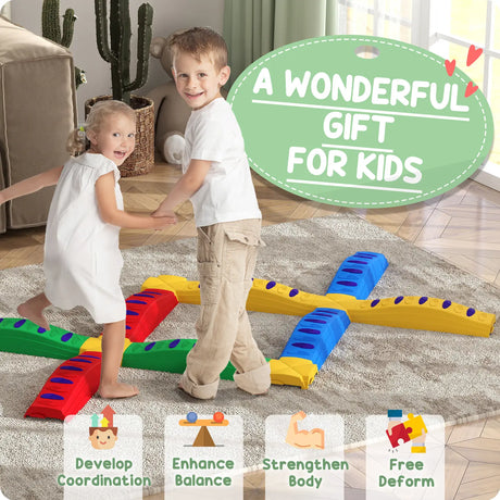AIYAPLAY 12-Piece Kids Balance Beam Stepping Stones, with Non-Slip Foot Pads, Multicoloured