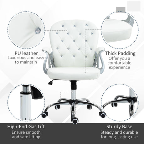 Vinsetto Office Chair Ergonomic 360 Swivel PU Diamante Padded Base 5 Castor Wheels for Home Work White