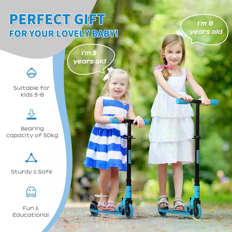 HOMCOM Kids Scooter Foldable Kick Scooter with Adjustable Height Brake for Boys and Girls 3 - 8 Years Blue