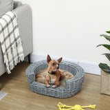 PawHut Wicker Pet Bed Willow Dog Cat Sofa Couch Puppy Basket with Cushion Grey 57L x 46W x 17.5H cm