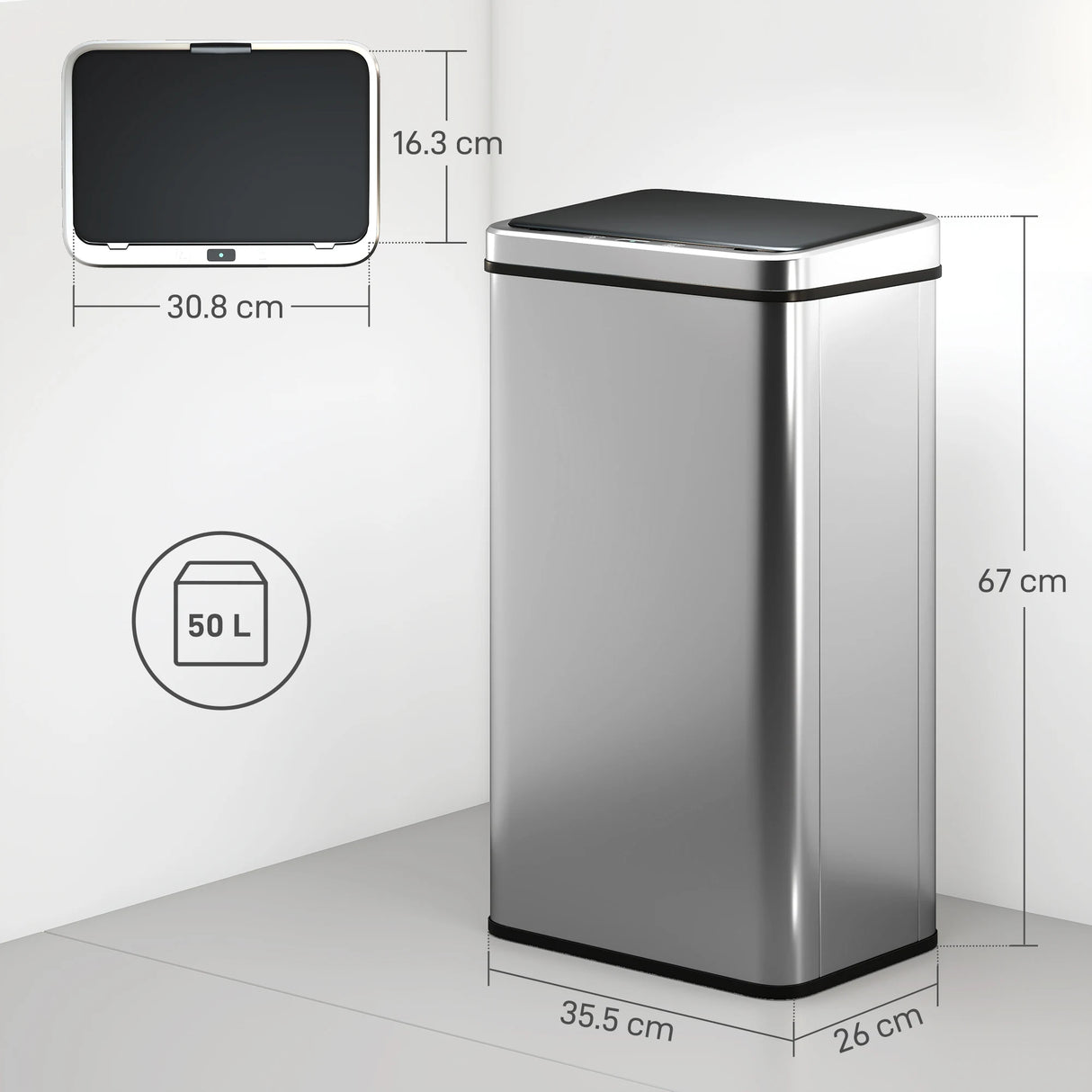 HOMCOM 50L Sensor Bin with Quiet Soft-Close Lid, Automatic Touchless Motion Sensor Kitchen Bin with Fingerprint Resistant Stainless Steel for Hygienic Gyms, Home Office Use, Silver Tone