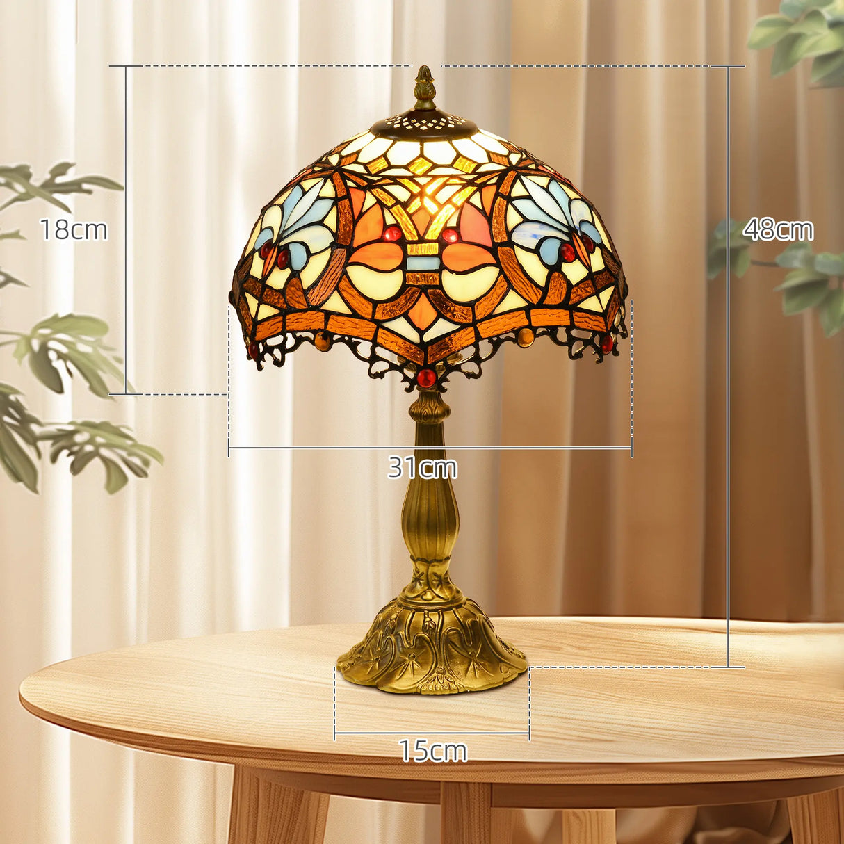 HOMCOM Stained Glass Table Lamp, Handcrafted Artisan Collectible, Suitable for Living Room and Bedside, Multi-Coloured, 30 x 48Hcm, Zinc Alloy.