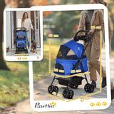 PawHut Dog Pram Dog Stroller Foldable Pet Pushchair with 4 Wheels, Safety Leashes, Cup Holder for Small Dogs, Blue