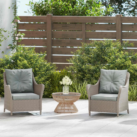 Outsunny Rattan Garden Chairs Set of 2, Outdoor Rattan Chairs with Cushions, Armrests and High Back, PE Wicker Garden Armchair with Steel Frame for Balcony, Porch, Light Grey