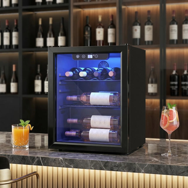 HOMCOM 16 Bottle Wine Cooler, 48 Litre Capacity, 4-16C Under Counter Drinks Beer Wine Fridge with Glass Door, LED Light, Black