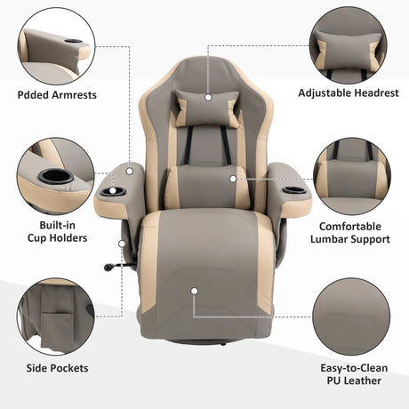 HOMCOM Manual Recliner Armchair PU Leather Lounge Chair w/ Adjustable Leg Rest, 135 Reclining Function, 360 Swivel, Grey