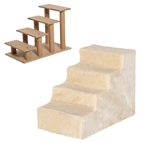 PawHut Four-Step Dog Stairs, with Washable Plush Cover, for High Bed Sofa, Dog Stairs for Small Dog and Cat - Beige