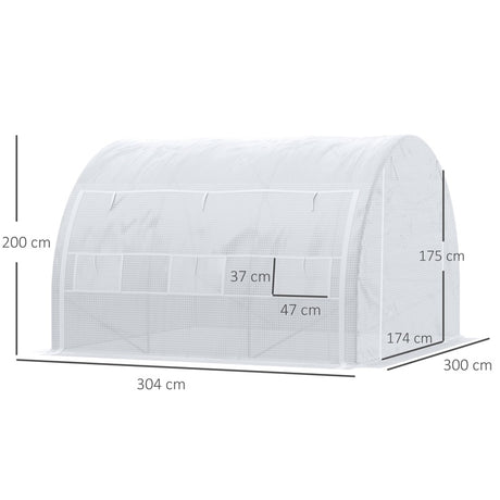 Outsunny 3 x 3 x 2 m Polytunnel Greenhouse with Roll-up Side Walls, Walk-in Grow House Tent with Steel Frame, Reinforced Cover, Zipped Door and 6 Mesh Windows for Garden, White