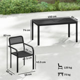 Outsunny Garden Dining Set for 6, Faux Wood Metal Outdoor Table and Stackable Chairs with Plastic Rattan Effect Seat, Black