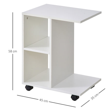 HOMCOM C-Shape End Table Unique Storage Unit w/ 2 Shelves 4 Wheels Freestanding Home Furniture Cabinet Square White