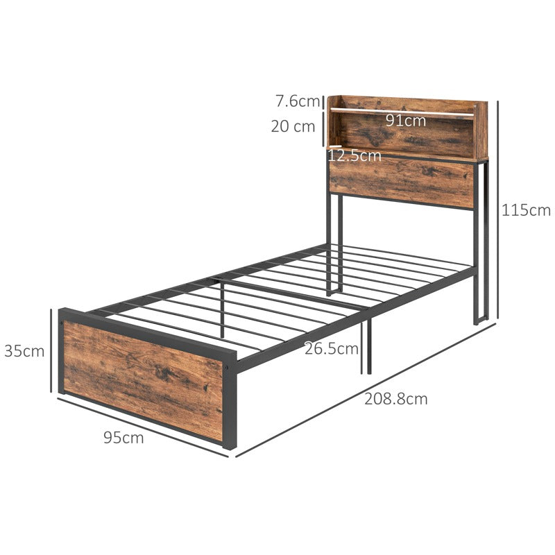 HOMCOM Industrial Single Bed Frame, 3.1FT Steel Bed Base with Storage Headboard, Footboard, Slatted Support and Under Bed Storage, 95 x 209cm, Rustic Brown