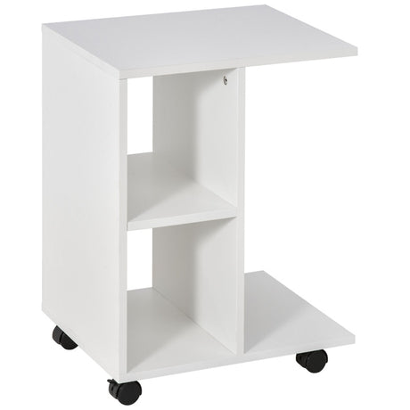 HOMCOM C-Shape End Table Unique Storage Unit w/ 2 Shelves 4 Wheels Freestanding Home Furniture Cabinet Square White