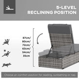 Outsunny Outdoor Patio PE Rattan Lounger with Cushion, 5-Level Reclining Wicker Rattan Sun Lounger with Tea Tray, for Poolside, Patio, Deck, 120kg Weight Capacity, Grey