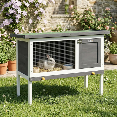 PawHut Wooden Rabbit Hutch, Guinea Pig Hutch with Asphalt Roof, Outdoor Elevated Bunny House for Rabbits, Chinchillas