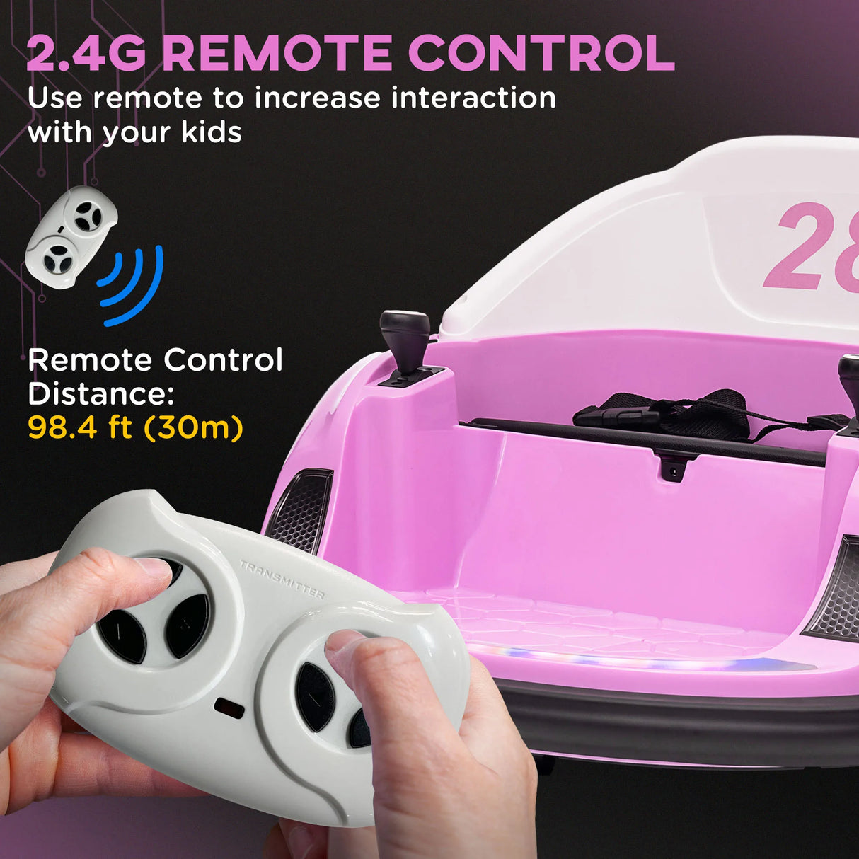 AIYAPLAY 360 Rotation Kids Bumper Car, 12V Waltz Car with Remote Control, Dual Joystick, Music, Lights, Pink