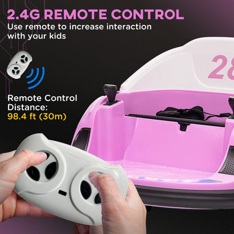 AIYAPLAY 360 Rotation Kids Bumper Car, 12V Waltz Car with Remote Control, Dual Joystick, Music, Lights, Pink