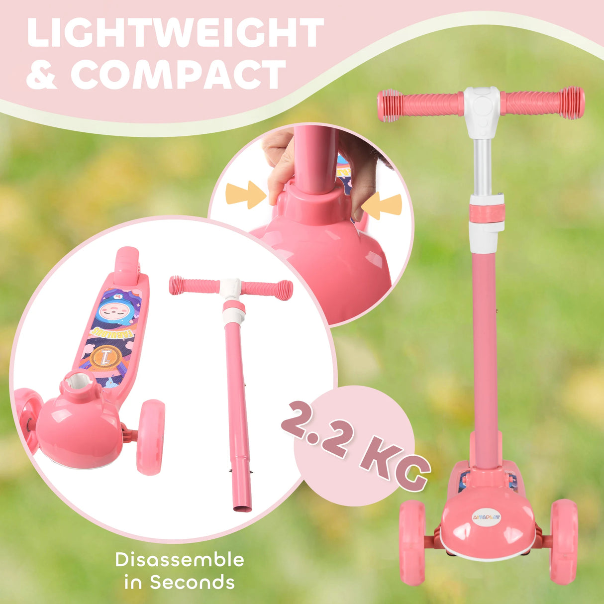 AIYAPLAY Kids 3 Wheel Scooter for 2-6 Years Old w/ Adjustable Height, LED Light, TPE Handlebar, Pink