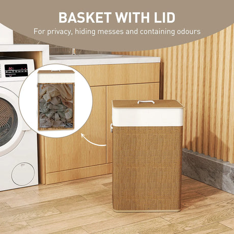 HOMCOM Bamboo Laundry Basket with Lid, 72L Laundry Hamper with Rope Handles, Washing Basket with Removable Washable Liner Bag for Bathroom, Bedroom, Brown