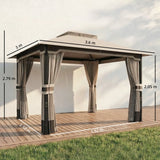Outsunny 3 x 3.6 m Outdoor Garden Gazebo with Netting and Curtains, Double Roof Patio Gazebo Permanent Pavilion, Khaki