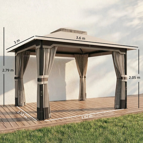 Outsunny 3 x 3.6 m Outdoor Garden Gazebo with Netting and Curtains, Double Roof Patio Gazebo Permanent Pavilion, Khaki