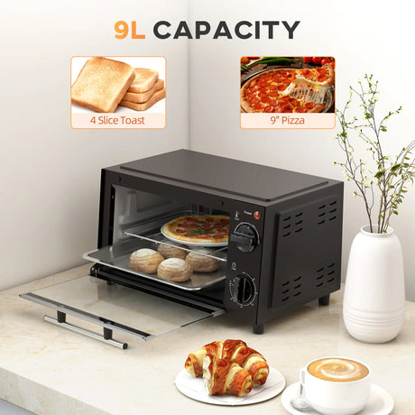 HOMCOM Mini Oven, 9L Countertop Electric Grill, Toaster Oven with Adjustable Temperature, Timer, Dishwasher Safe Baking Tray and Wire Rack, 750W, Black