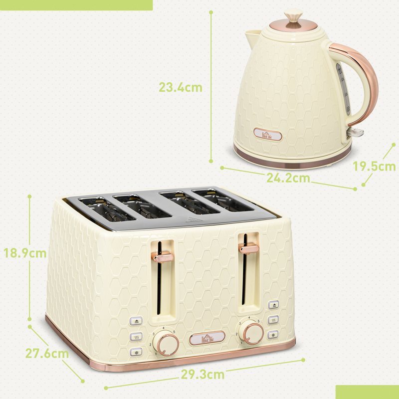 HOMCOM Kettle and Toaster Set, 1.7L 3000W Fast Boil Jug Kettle with Auto Shut Off, 4 Slice Toaster with 7 Level Browning Controls & Crumb Tray, Beige