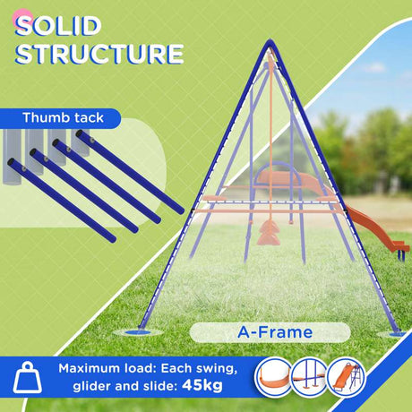 Outsunny Four-In-One Metal Garden Swing Set, with Double Swings, Glider, Slider, Ladder - Orange and Blue