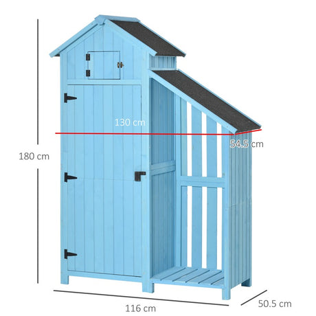 Outsunny Wooden Shed, Garden Storage Cabinet with Log Store, Waterproof Asphalt Roof and Lockable Door, Narrow Tool Organizer, 130 x 55 x 180 cm