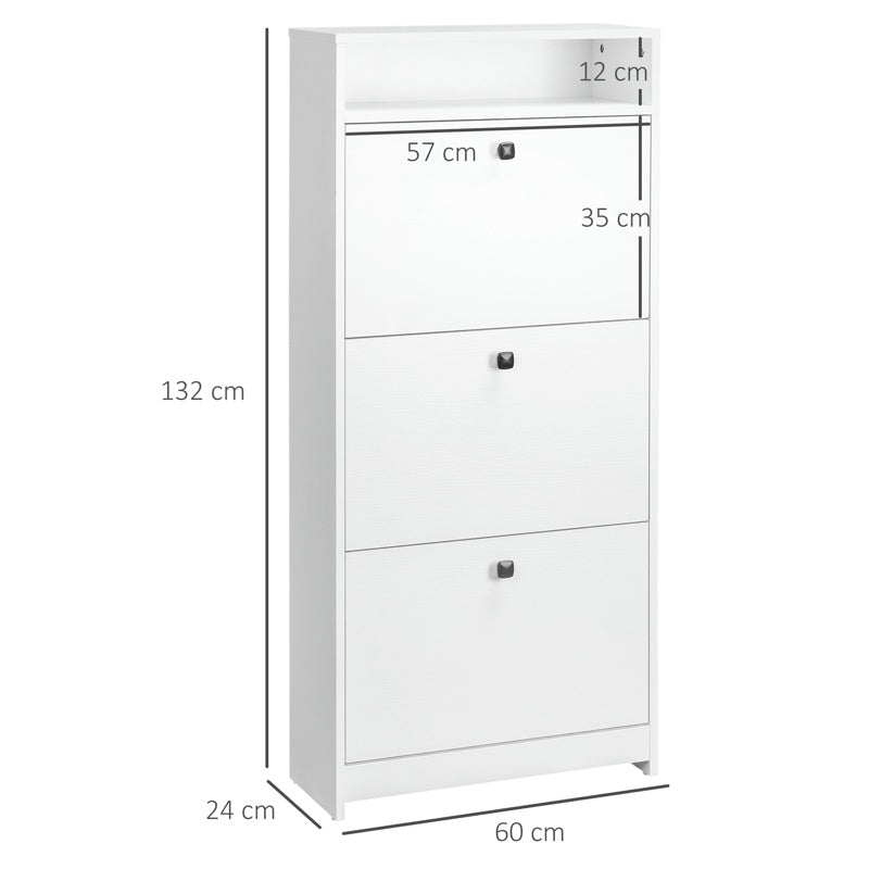 HOMCOM Shoe Cabinet with 3 Flip Doors, 4 Tier Shoe Rack with 1 Open Shelf, Slim Shoe Cupboard for 14-18 Pairs Shoes, for Hallway and Narrow Entrance, 24 x 60 x 132 cm, White