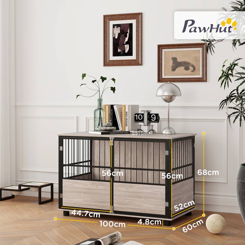 PawHut 100cm Furniture Style Dog Crate Dog Cage End Table Indoor with 3 Doors Soft Washable Cushion, for Large Sized Dogs