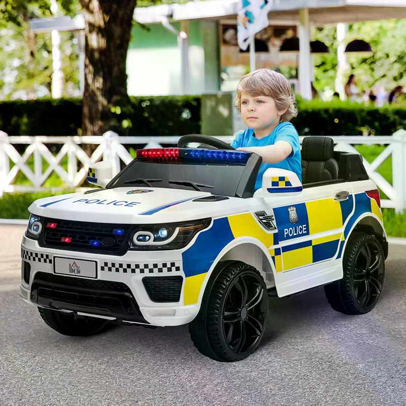 HOMCOM 12V Kids Electric Ride On Police Car 2 Motors with Parental Remote Control Siren Flashing Lights USB Portable for 3-6 Years White