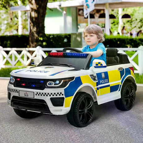 HOMCOM 12V Kids Electric Ride On Police Car 2 Motors with Parental Remote Control Siren Flashing Lights USB Portable for 3-6 Years White