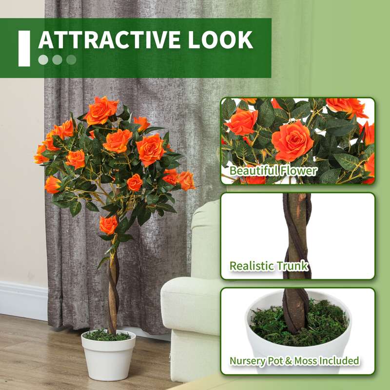 Outsunny Set of 2 Artificial Plants White Rose Floral in Pot, Fake Plants for Home Indoor Outdoor Decor, 90cm, Orange