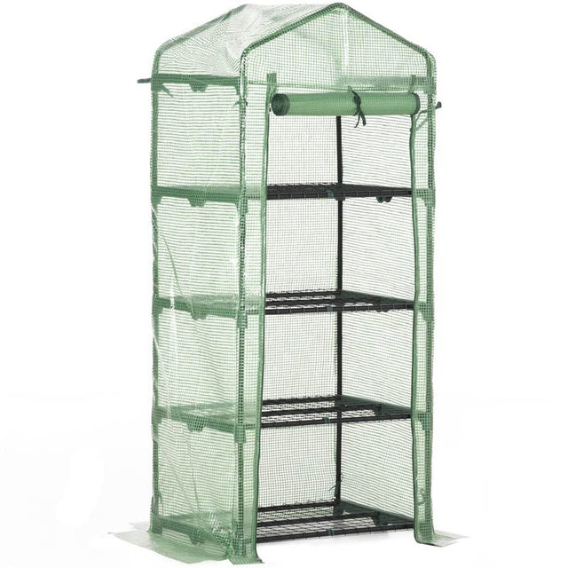 Outsunny 4 Tier Mini Greenhouse, Portable Compact Green House with Steel Frame, PE Cover, Roll-up Door, 70 x 50 x 160 cm, Green