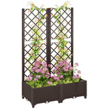 Outsunny Raised Garden Bed with Trellis, Plastic Planter Box with Drainage Holes and Drain Plugs for Climbing Plants, Vegetables, Flowers, Brown