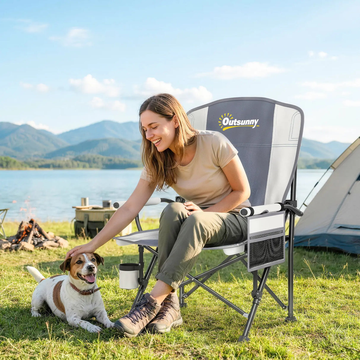 Outsunny Padded Camping Chair Adults Heavy Duty Folding Chair Side Pocket Cup Holder Carry Bag Outdoor Light Grey