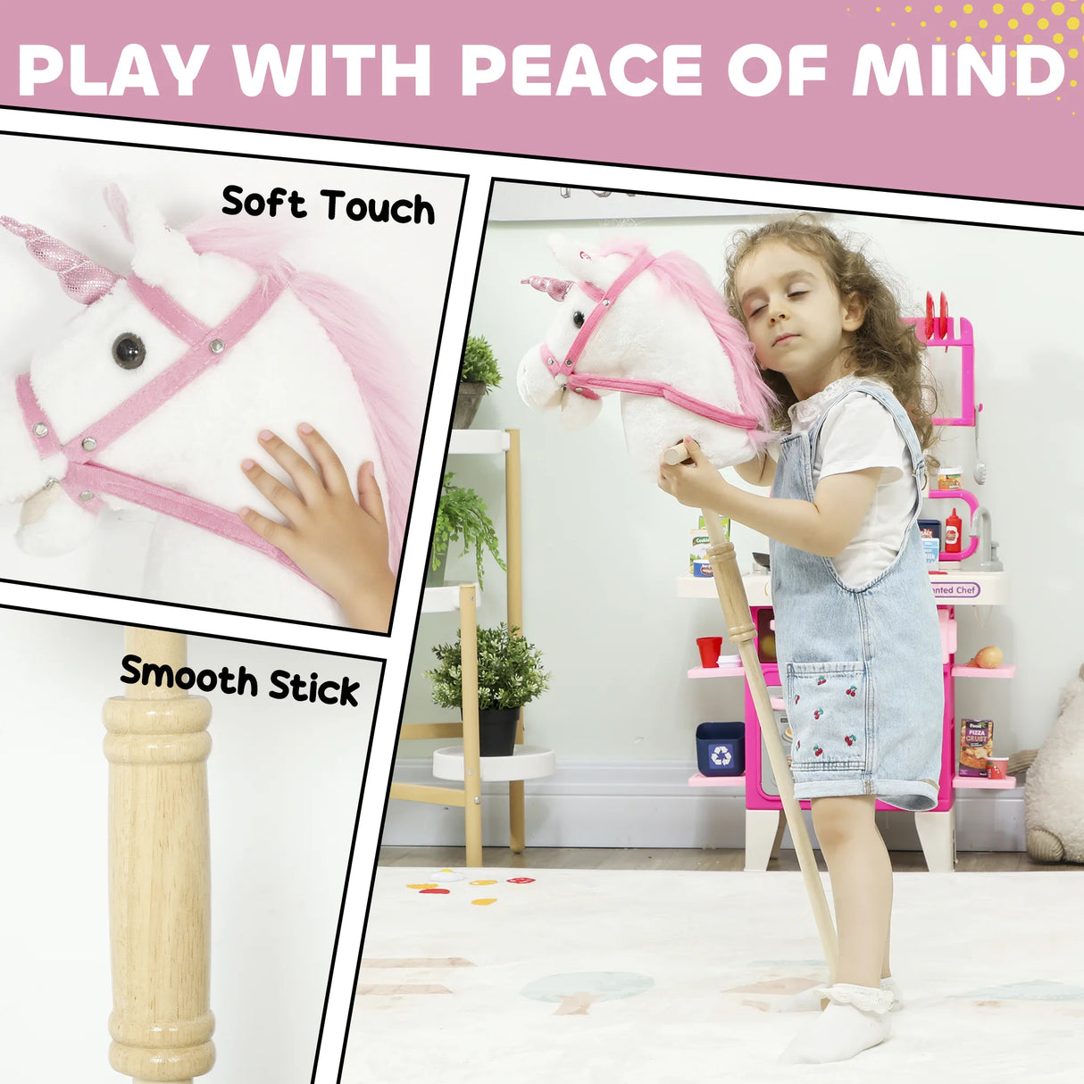 AIYAPLAY Unicorn Stick Horse with Wood Wheels, Real Pony Neighing and Galloping Sounds, Grip Handle, 95 cm, White