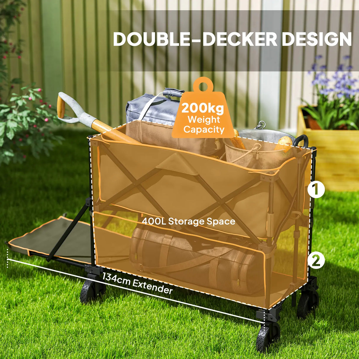 Outsunny Double Decker Folding Festival Trolley on Wheels, 200KG & 350L Capacity Collapsible Wagon Festival Trolley Cart with 134cm Extended for Camping Sports Shopping Garden and Beach, Grey
