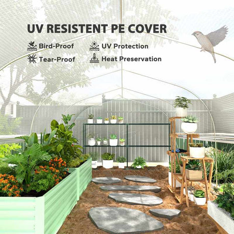 Outsunny 6 x 3 x 2m Walk-in Polytunnel Greenhouse, Zipped Roll Up Sidewalls, Mesh Door, 8 Mesh Windows, Tunnel Warm House Tent with PE Cover, Complimentary Plant Labels and Gloves, White