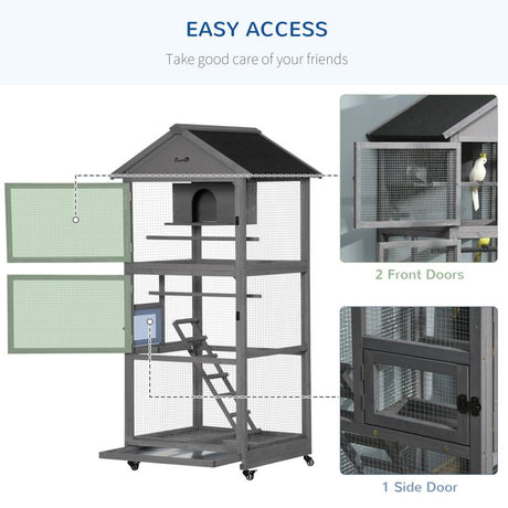 PawHut Bird Cage budgie cage Wooden Outdoor Aviary with Wheels  for Canary Finch with Asphalt Roof Perch Nest Ladder Slide-out Tray, Grey