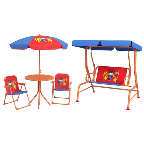 Outsunny 4 Piece Kids Garden Furniture Set with Adjustable Canopy, Cowboy Themed, Kids Garden Table and Chair Set and Double Seat Swing Chair for Patio Park Porch, for Ages 3-6 Years - Red and Blue