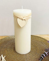 Large Cream Ridged Pillar Candle with Heart Decoration