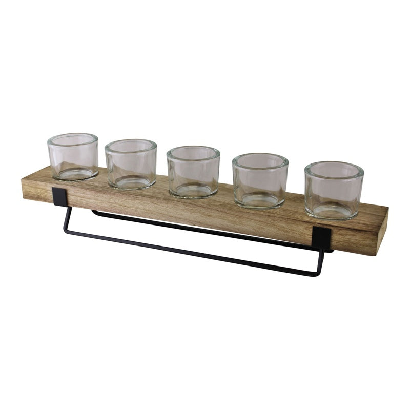 5 Piece Glass, Wood & Metal Tealight Holder