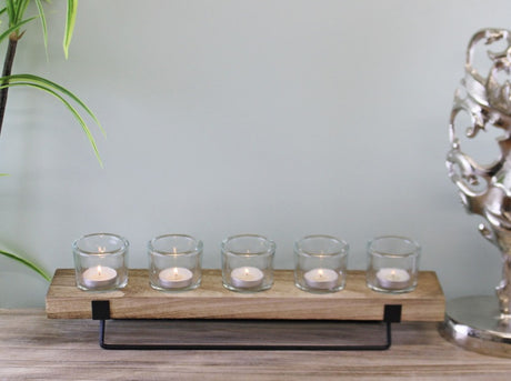 5 Piece Glass, Wood & Metal Tealight Holder