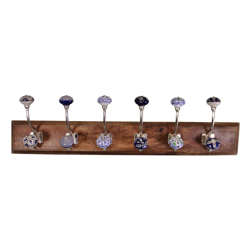 6 Double Ceramic Blue & White Coat Hooks On Wooden Base