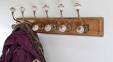 6 Double Ceramic Ivory Coat Hooks On Wooden Base