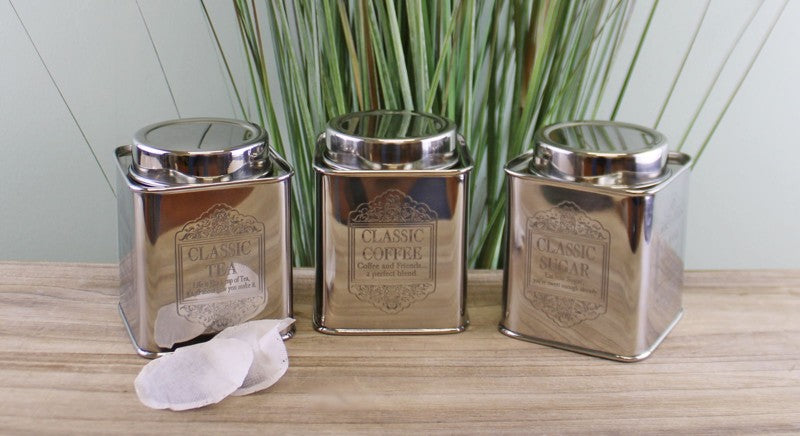 Silver Metal Tea, Coffee & Sugar Storage Tins