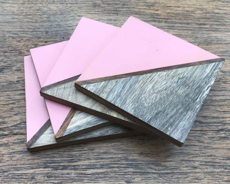 Set Of 4 Square Two Toned Wooden Coasters - Pink