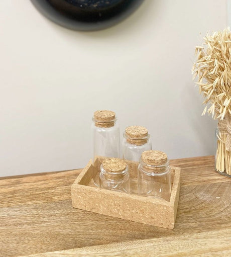 Cork Tray With Four Glass Bottles & Lids